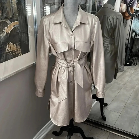 BRIAN BAILEY NWT Faux Leather Shacket Lined with Tie Belt, Size L - Picture 1 of 9